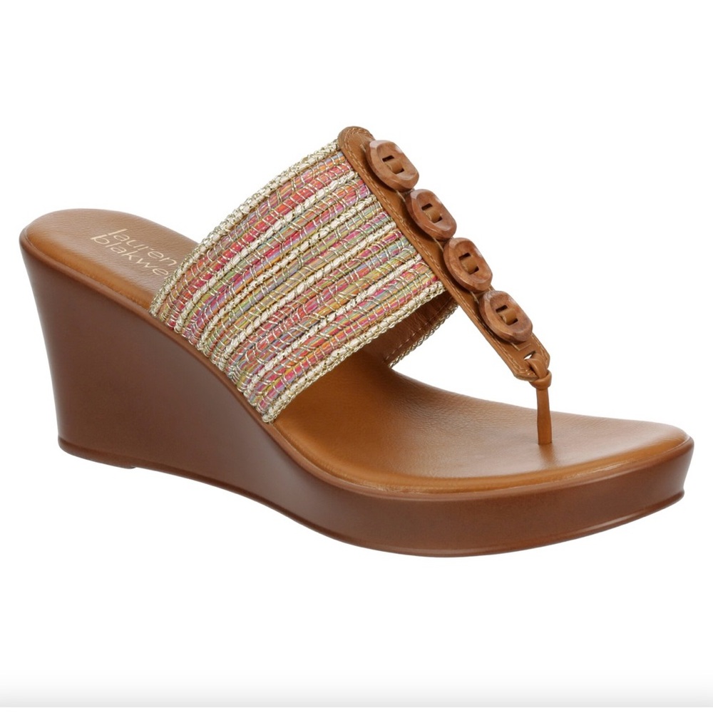 New! Brown Wedge Sandals with Multicolor Strap